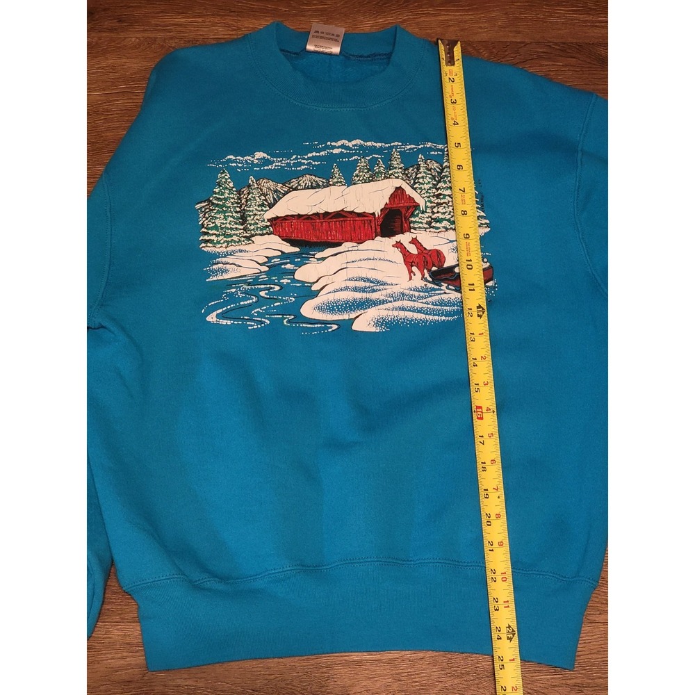 vtg 80s Fruit Of The Loom Graphic Sledding Sz M Turquoise 50/50 Made In USA - Picture 6 of 7
